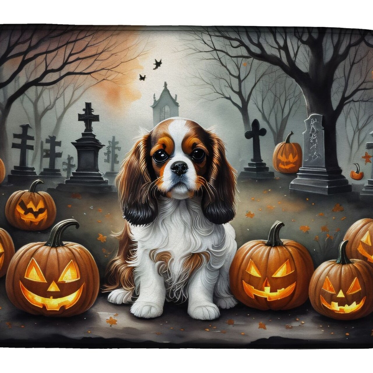 Edge Collections - 14" x 22" - Multicolor - Cavalier Spaniel Spooky Halloween Dish Drying Mat Absorbent Kitchen Counter Pad - 1 Piece